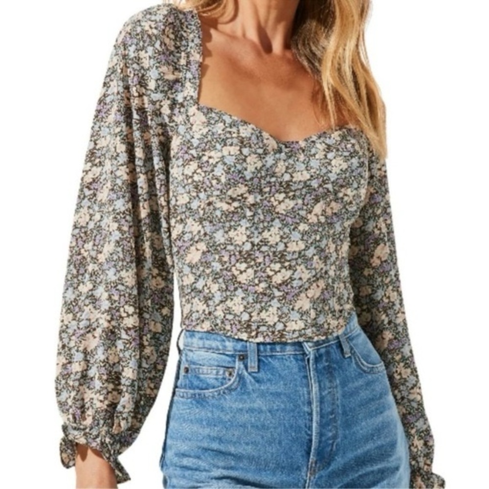 ASTR the Label Floral Pattern Puff Sleeve Crop Blouse - Brown & Cream  - Size M‎